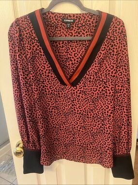 Express Red and Black Leopard Print V-Neck Top
